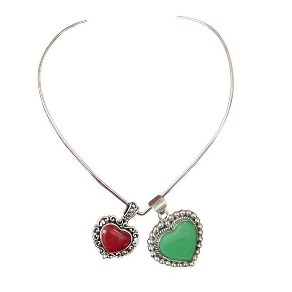 Antique 925 Silver Scrollwork Red Enamel Cabochon‎ Heart Pendant — See Pics! - Picture 6 of 8